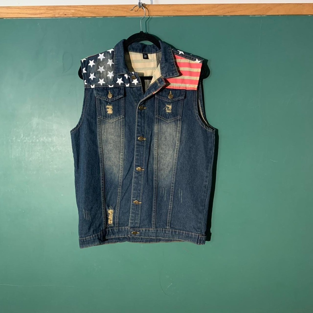 Vintage American Flag Distressed Denim Vest Mens Medium Americana Retro Blue